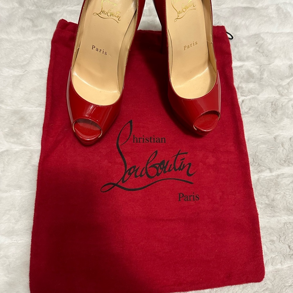 Christian Louboutin Glossy Red Peep-Toe Heels - Picture 6 of 7